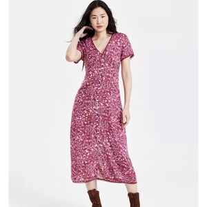 Lucky Brand Lace Trimmed Button Front Floral Midi Dress In Berry Size Small